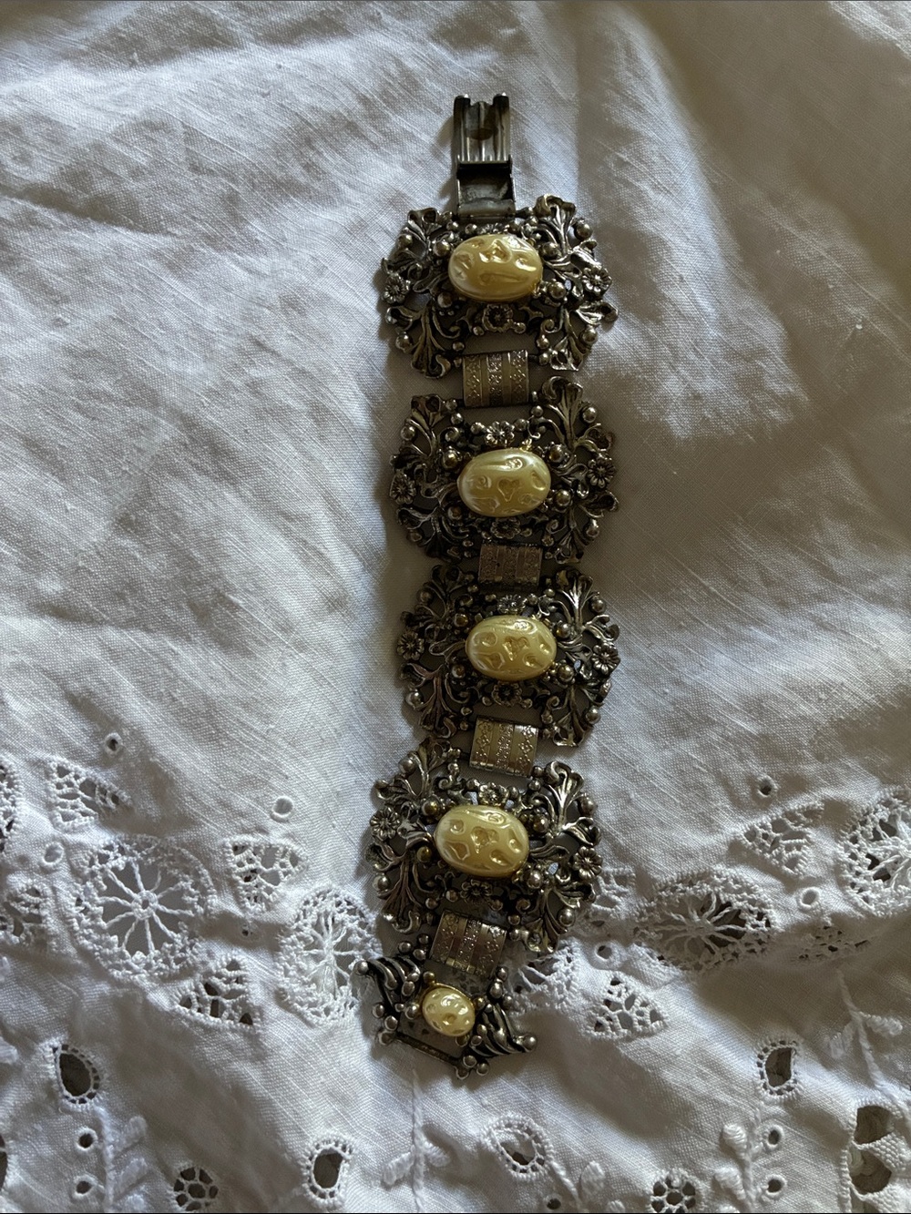 Silver tone and pearl panel bracelet possibly unsigned selro sellini